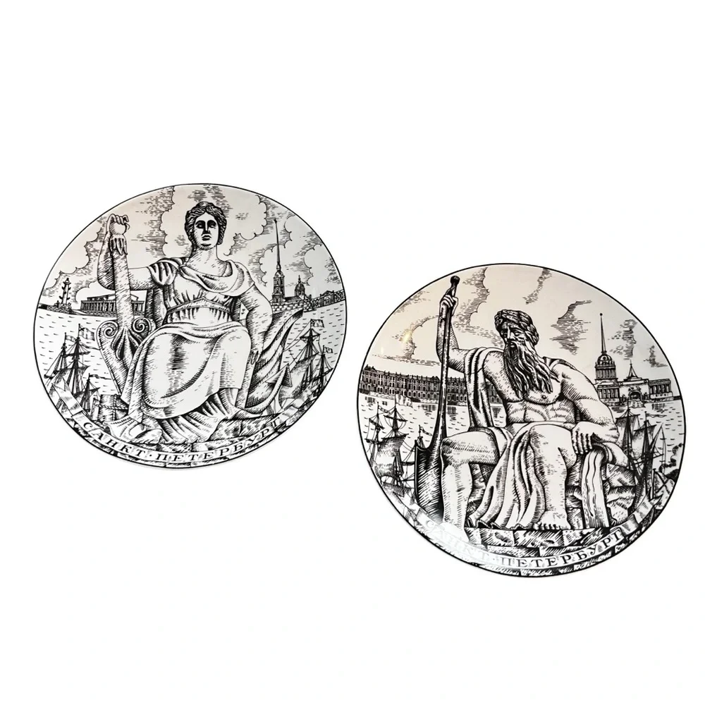 TWO Lomonosov Lunch Dessert Plates Russia Figures St Petersburg 8”